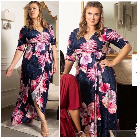 Kiyonna Cara Velvet Wrap Dress Floral Printed Blue Pink Size 2X - Picture 1 of 11